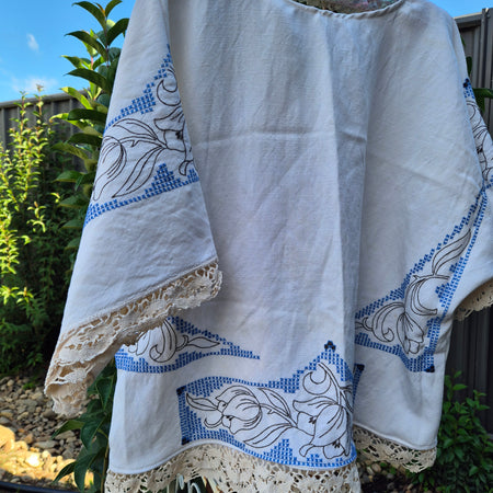 Upcycled Vintage Tablecloth top. Cross stitch and embroidery