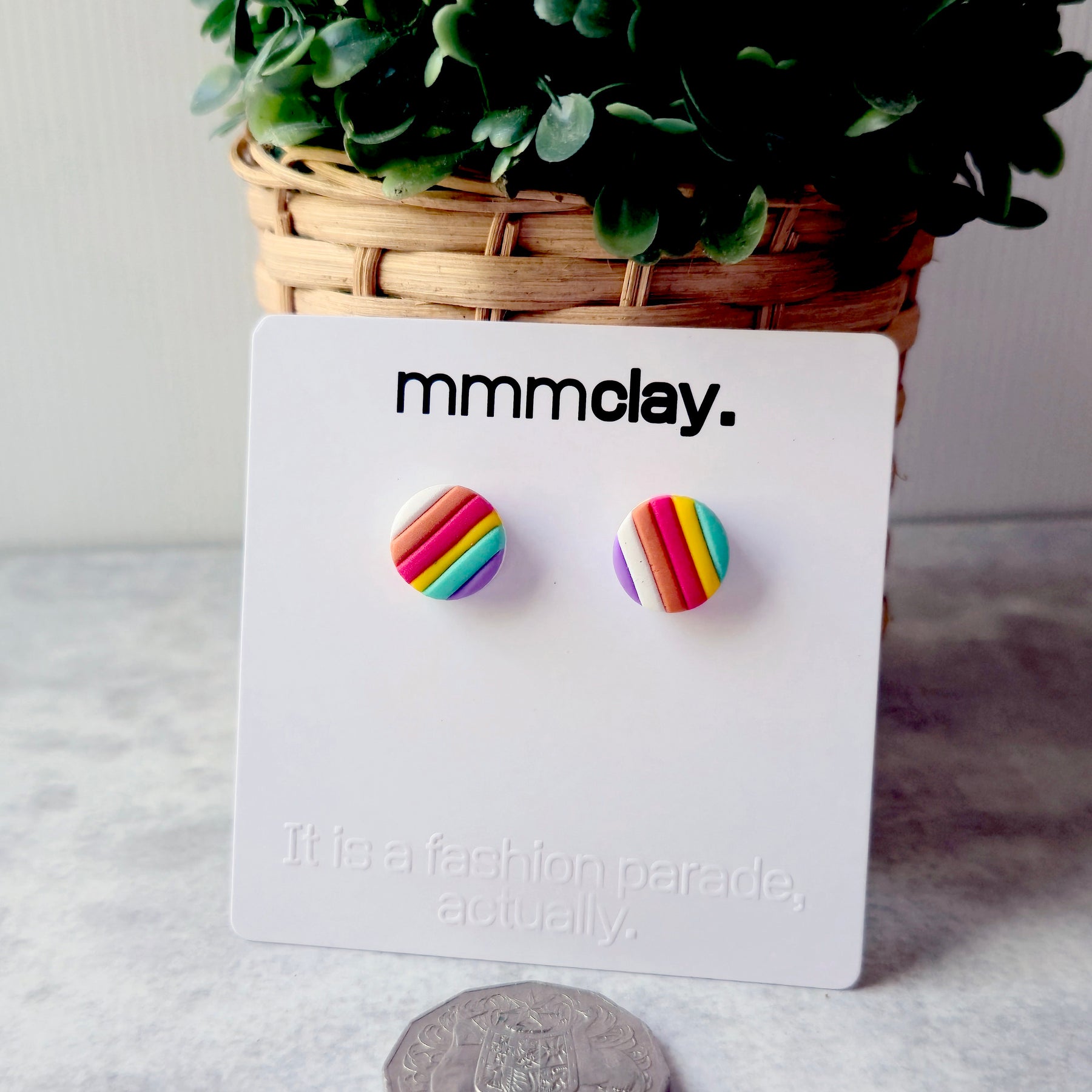 Rainbow Striped Polymer Clay Stud Earrings