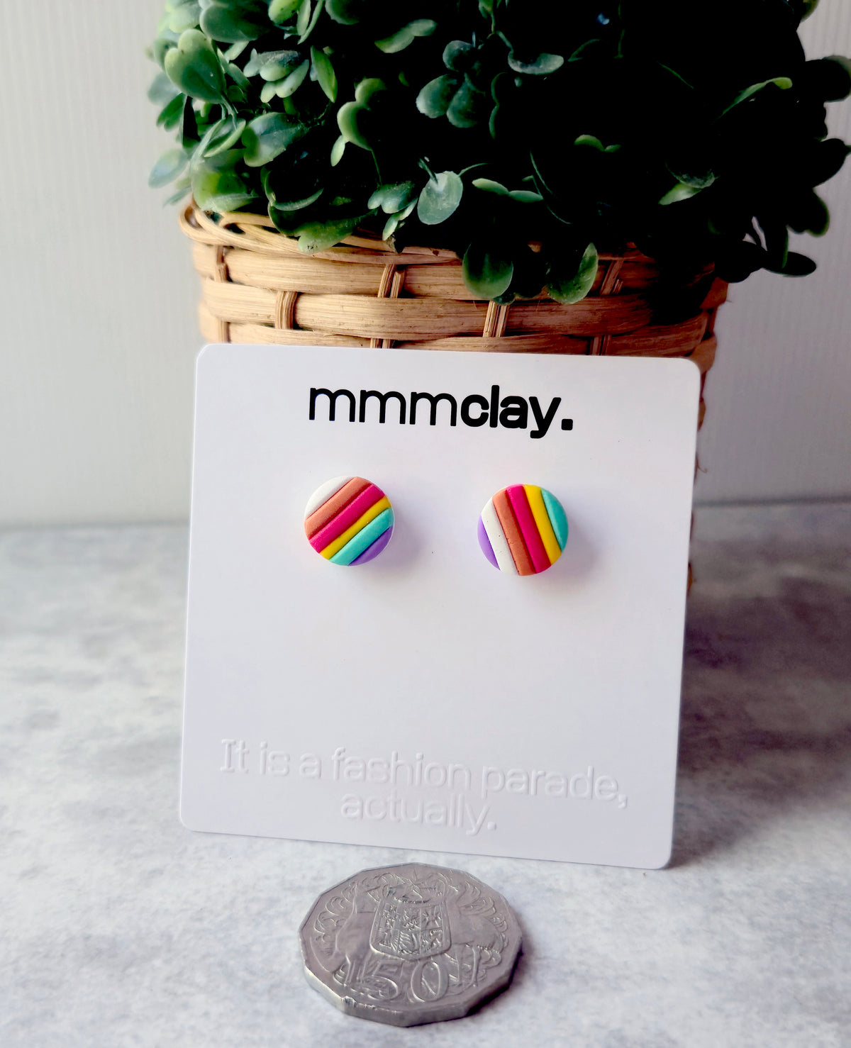 Rainbow Striped Polymer Clay Stud Earrings