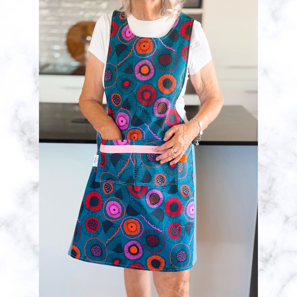 Australian bush flowers Japanese style cross back kitchen apron. Crafting, gardening, no ties apron.