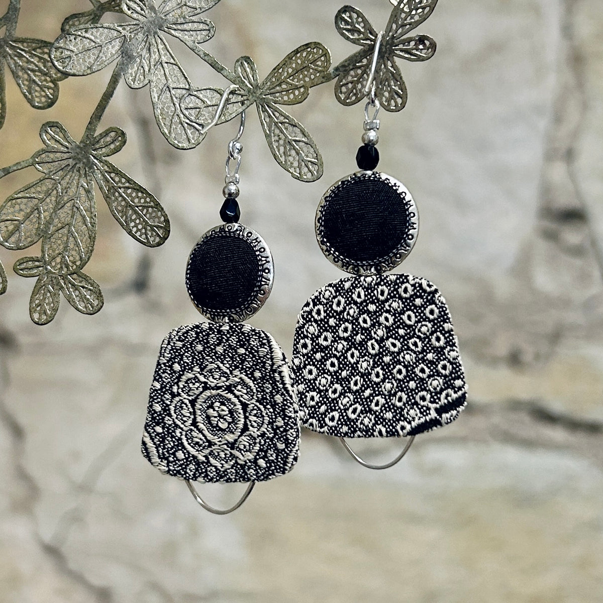 Earrings Upcycled Textile Black Beige Silver Detail - EBW-118