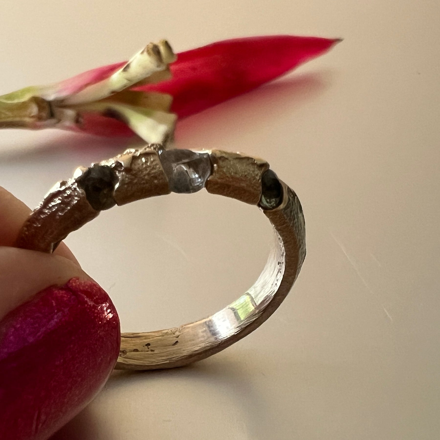 “Coastal Grass” - 9ct recycled gold ring (Size “R”) with Queensland Sapphires & Topaz