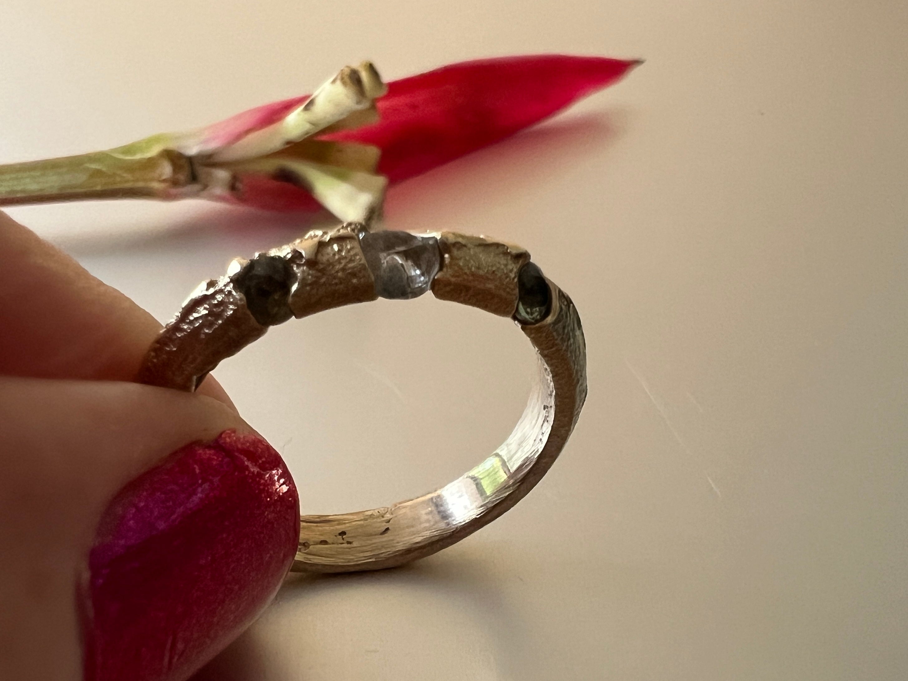 “Coastal Grass” - 9ct recycled gold ring (Size “R”) with Queensland Sapphires & Topaz