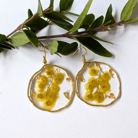 Real Golden Wattle Resin Dangle Earrings