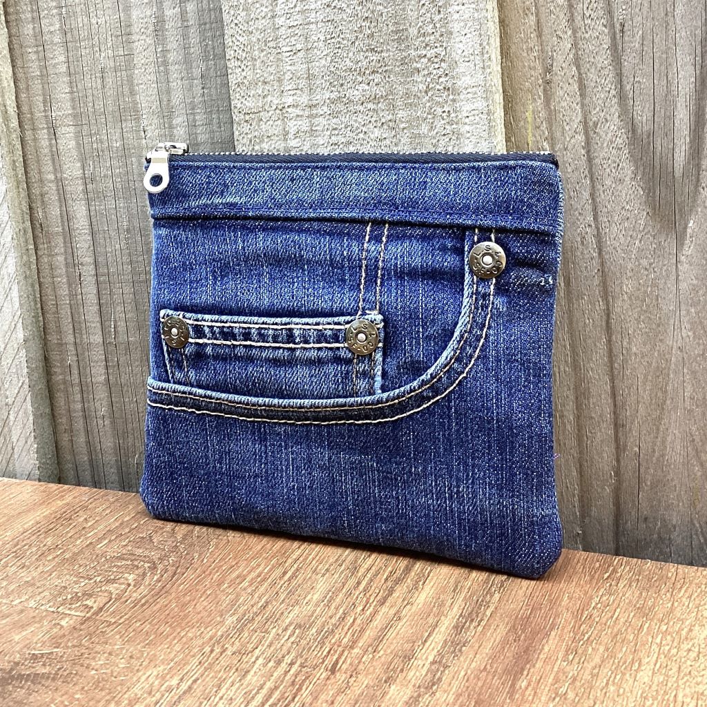 Small Upcycled Denim Coin Purse – Silver Rivets