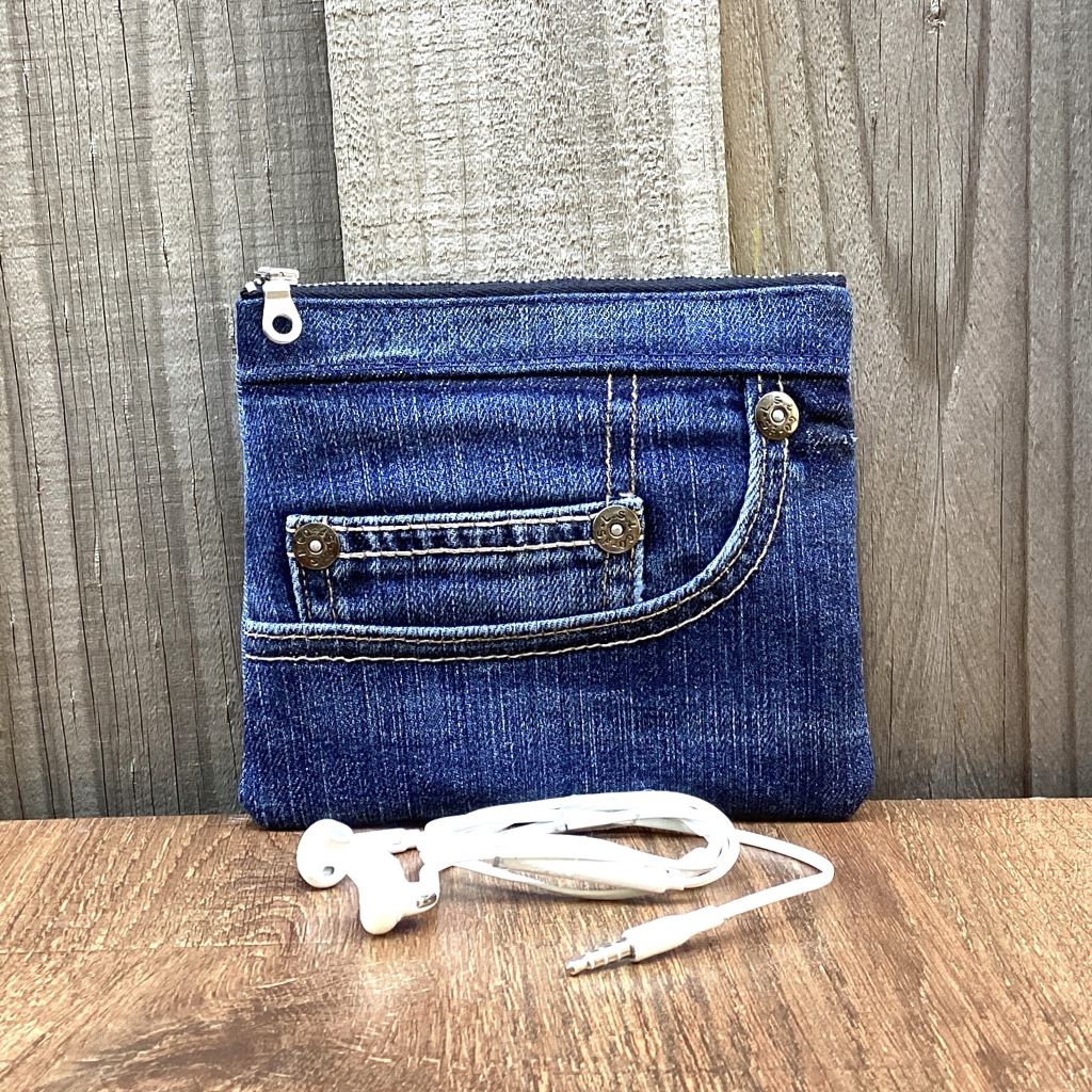 Small Upcycled Denim Coin Purse – Silver Rivets