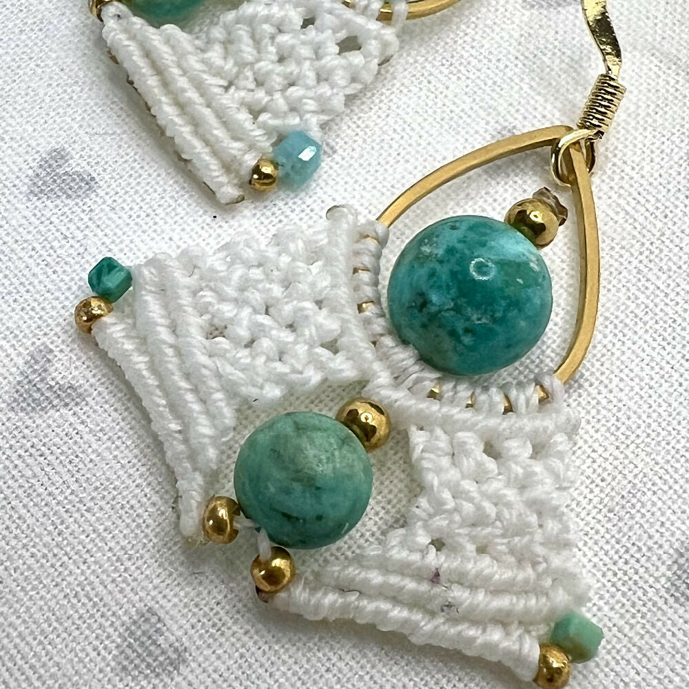 White lace & Turquoise Gemstone Micro Macrame Earrings +Free microfibre pouch