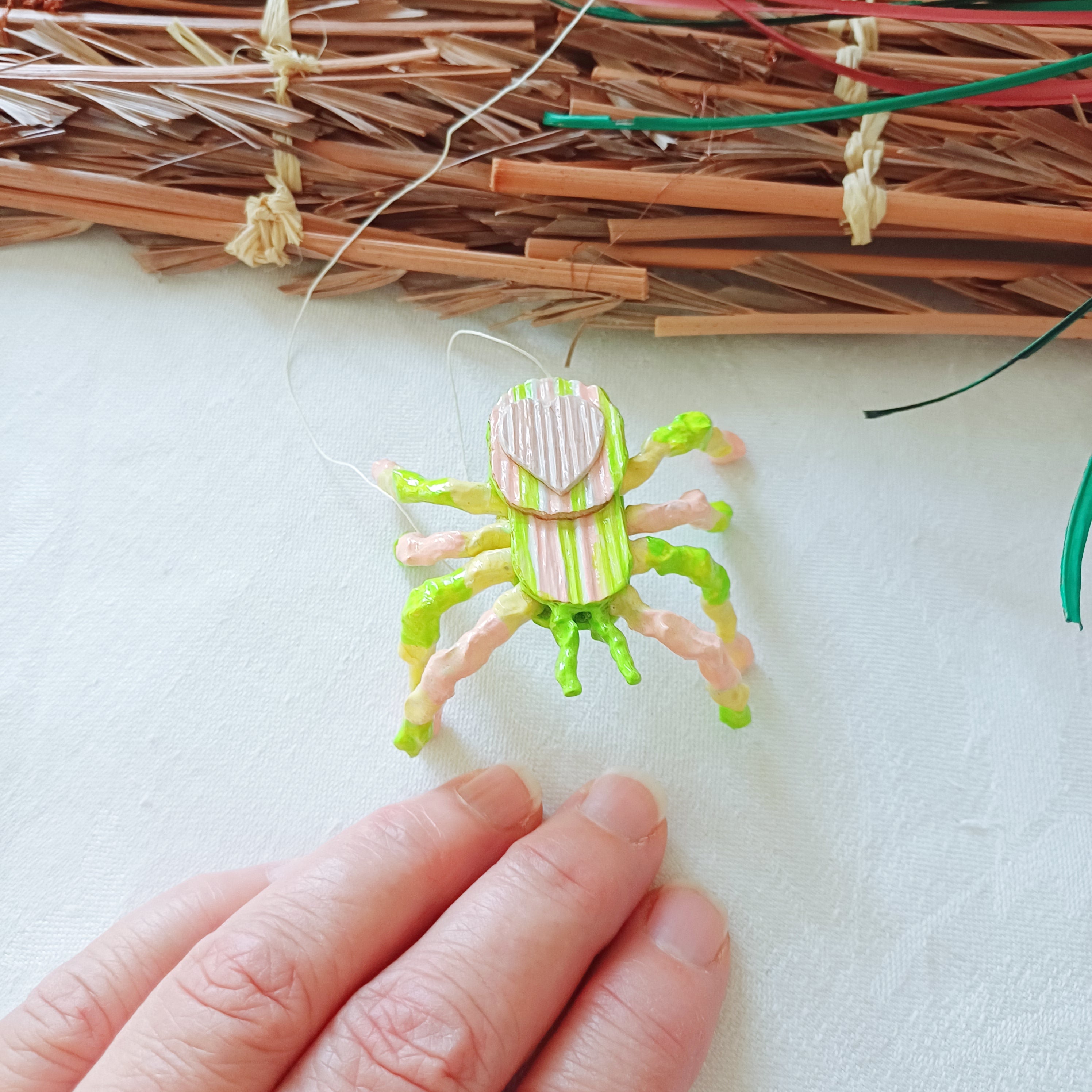 Happy palm spider pink green yellow handmade Australia