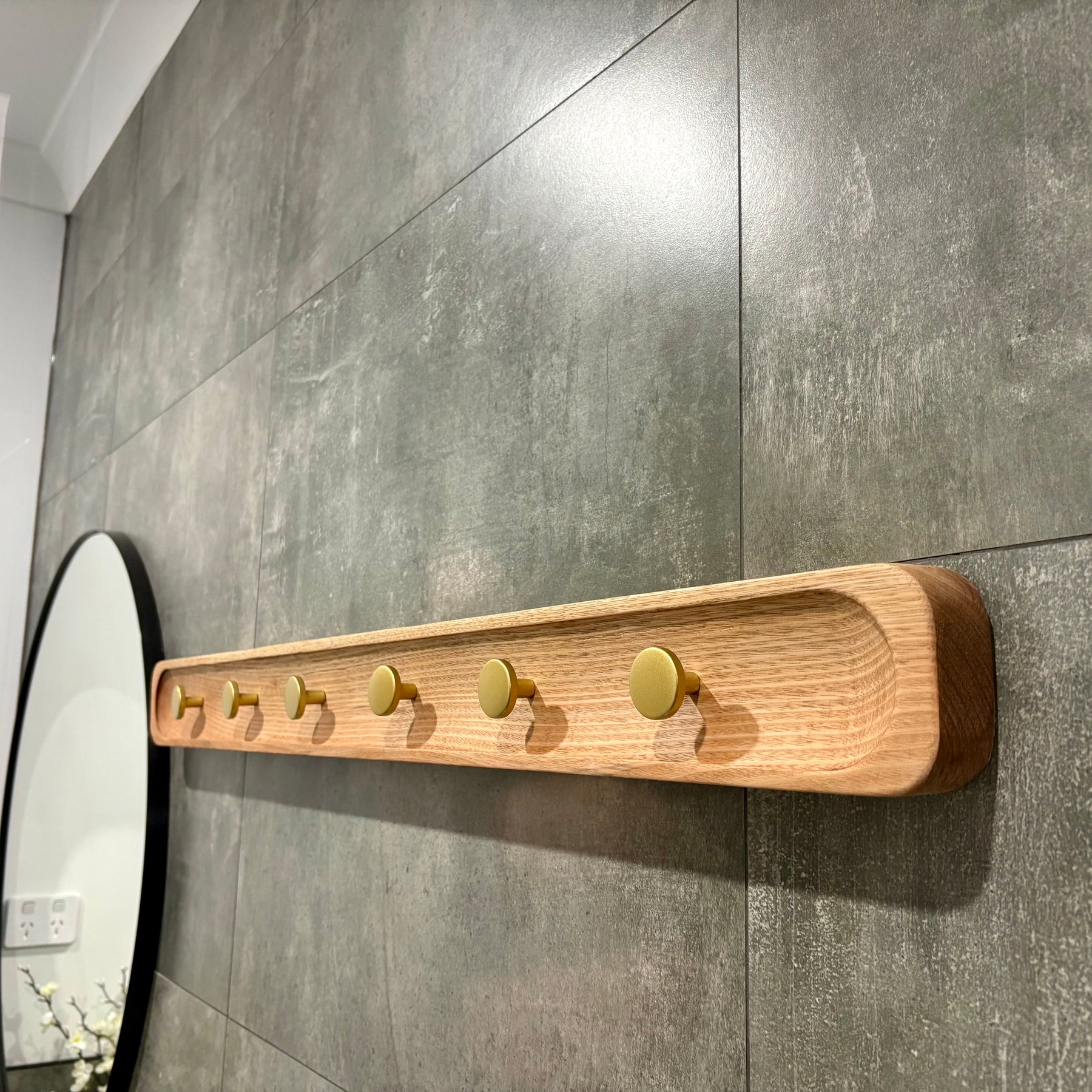 No.1 Tasmanian oak coat rack with gold hooks