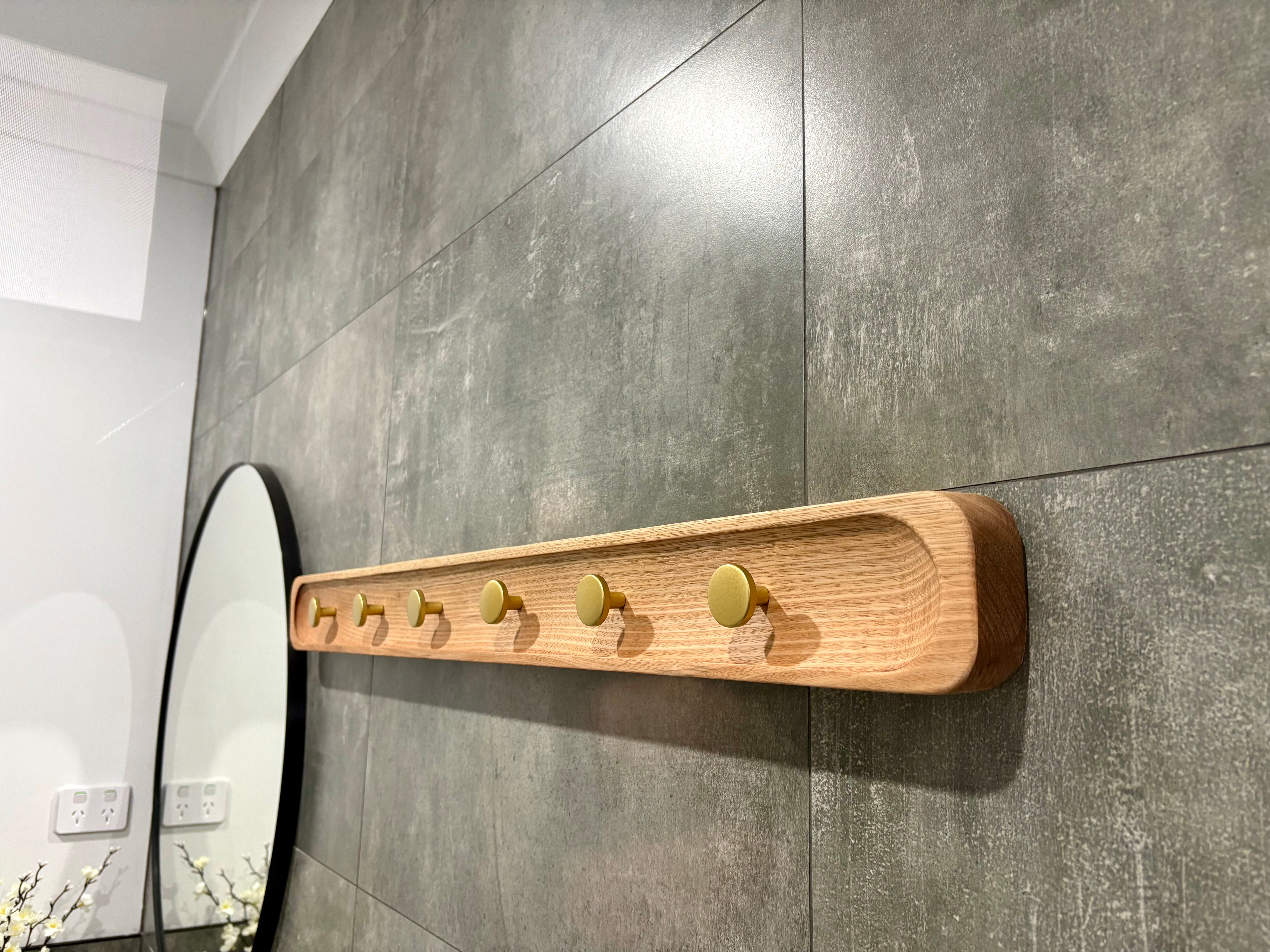 No.1 Tasmanian oak coat rack with gold hooks