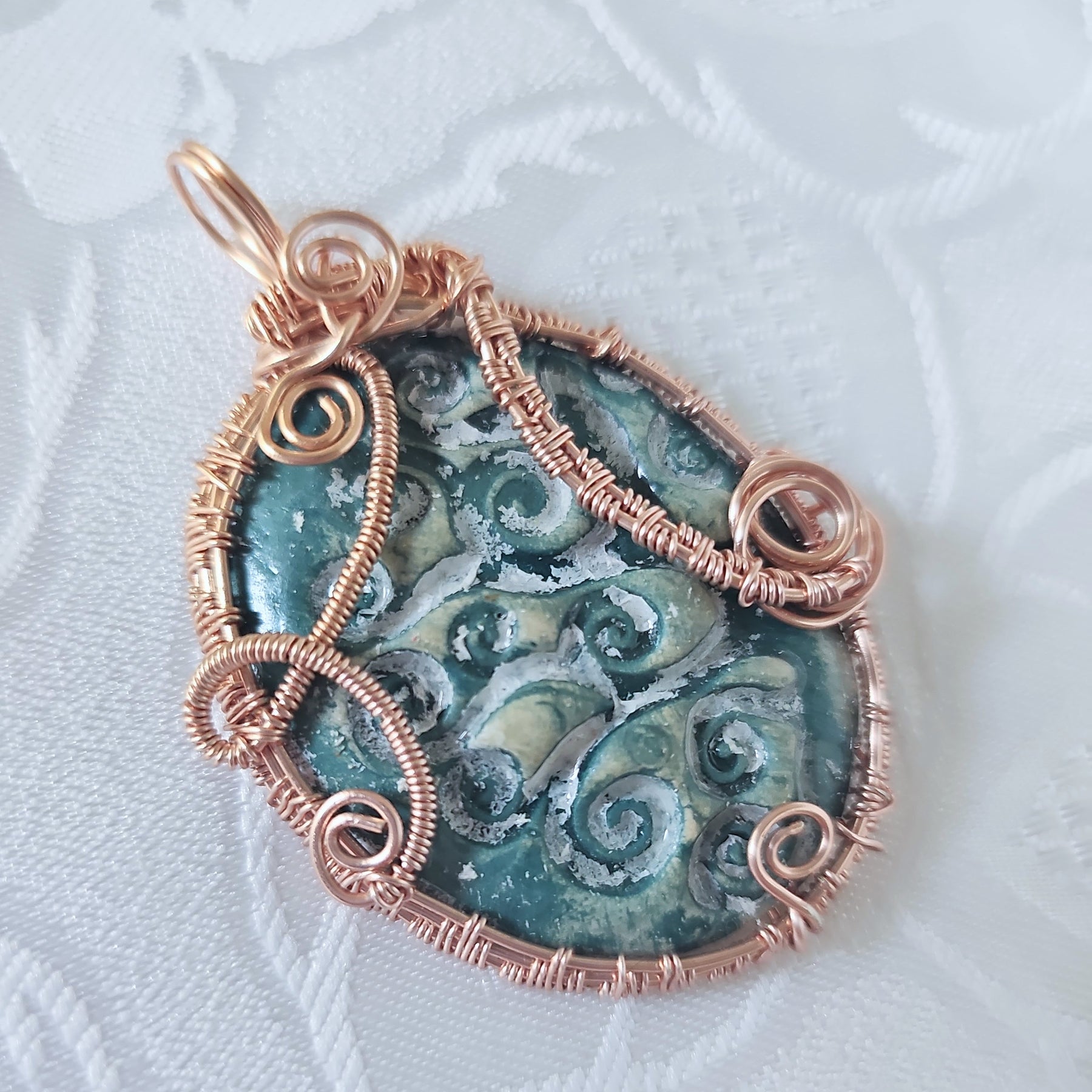 Handmade Ceramic Pendant Wrapped Rose Gold Colour Wire