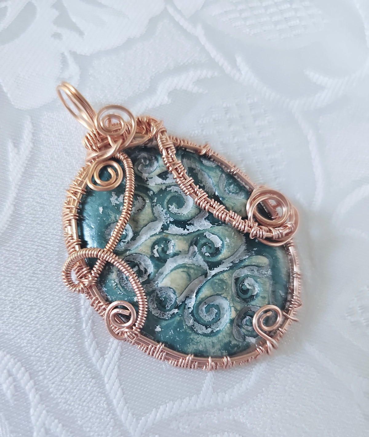 Handmade Ceramic Pendant Wrapped Rose Gold Colour Wire