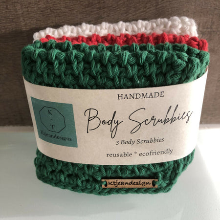 Christmas Body Scrubbies-Wash Cloths Set 3 100% Cotton