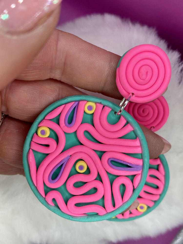 Pink scribble circle dangles