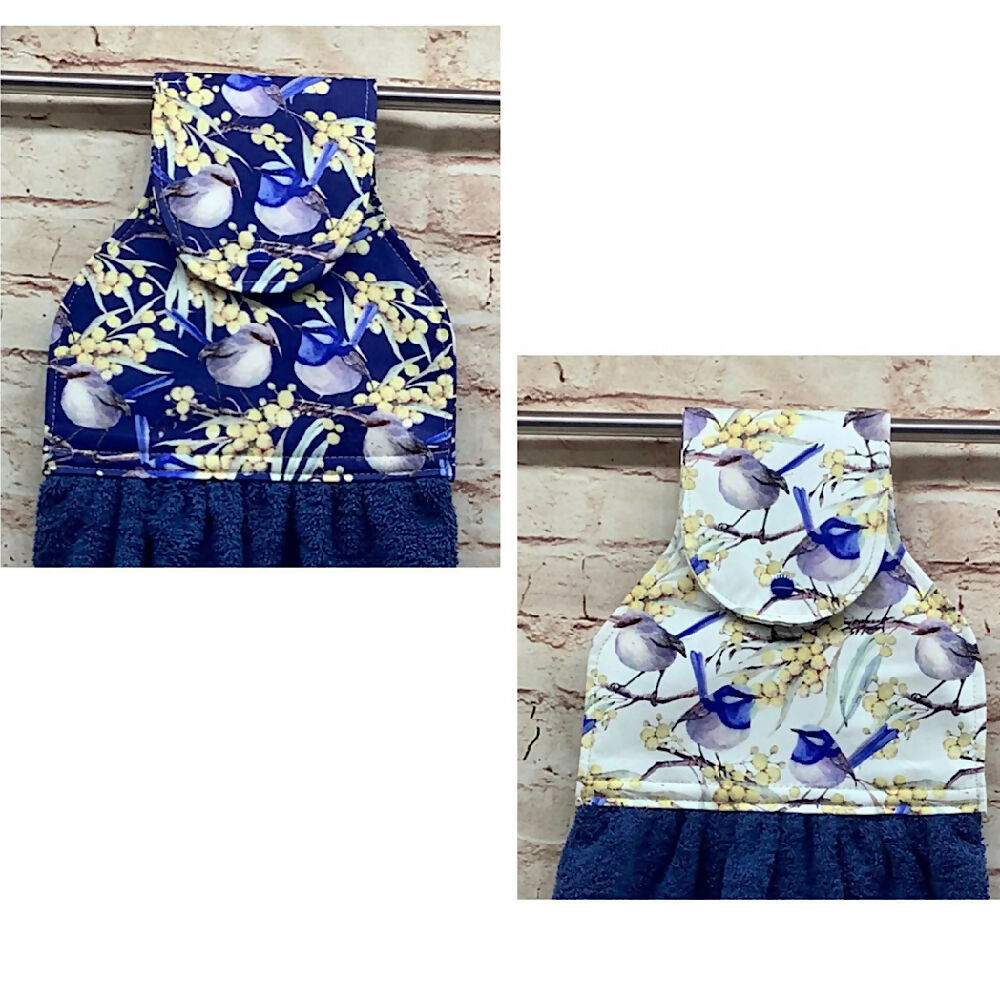 Blue wrens hanging hand towel. - 2 Designs