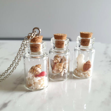 Tiny Shell & Red White Coral Beach bottle Pendant