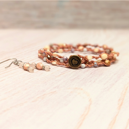 Earrings and bracelet set | rose quartz gemstones and glass beads