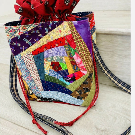 Crazy patchwork cross-body drawstring bag