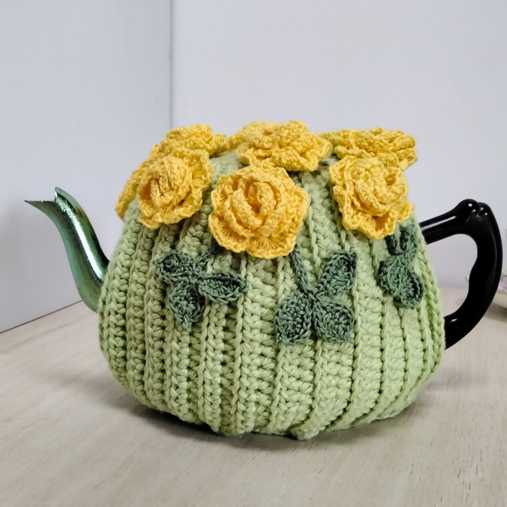 Yellow-roses-medium-large-teacosy-left-green-teapot-Australian-made-watch-the-birdy-crochet