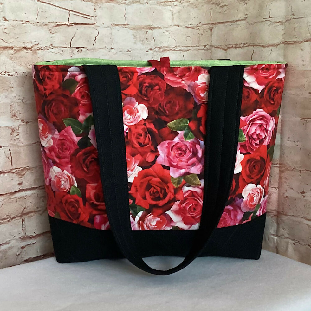 Red Rose Floral handbag, tote, shoulder bag for shopping, travel or craft.