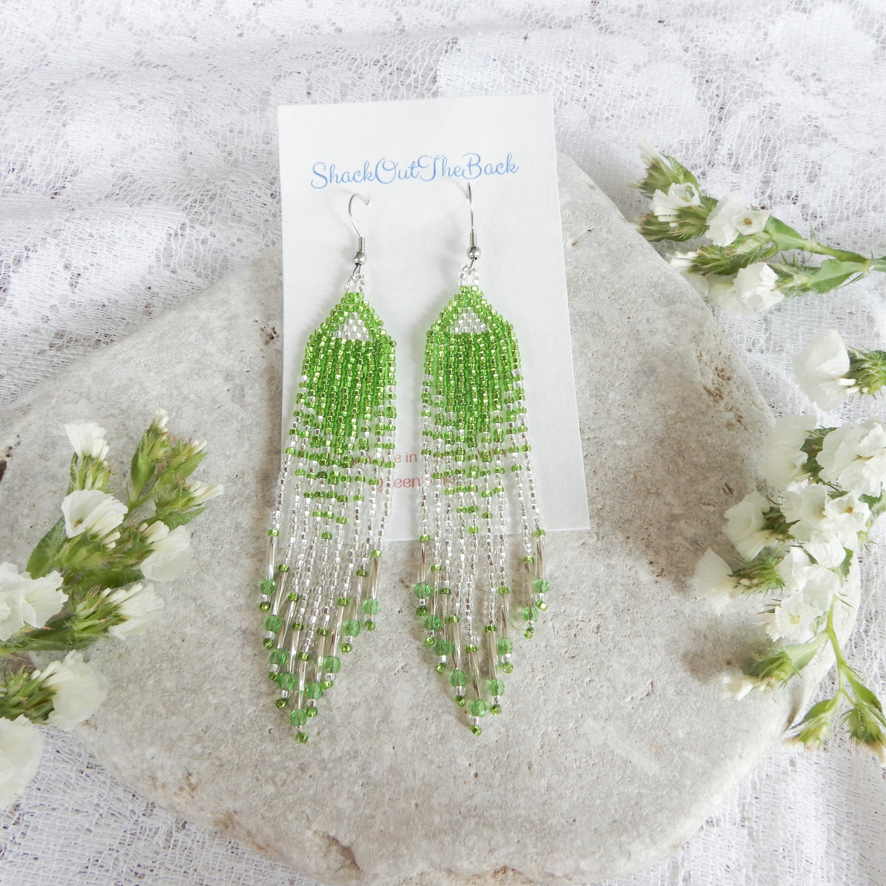Green & Silver Beaded Fringe Earrings