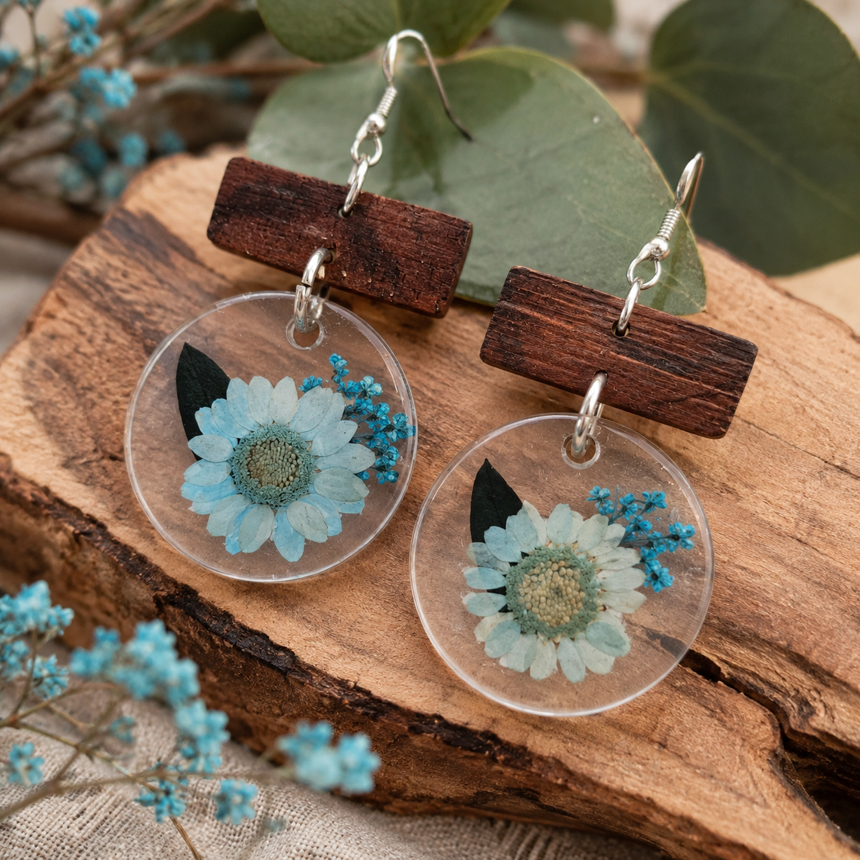 Handmade Blue Floral Resin Earrings 🌿