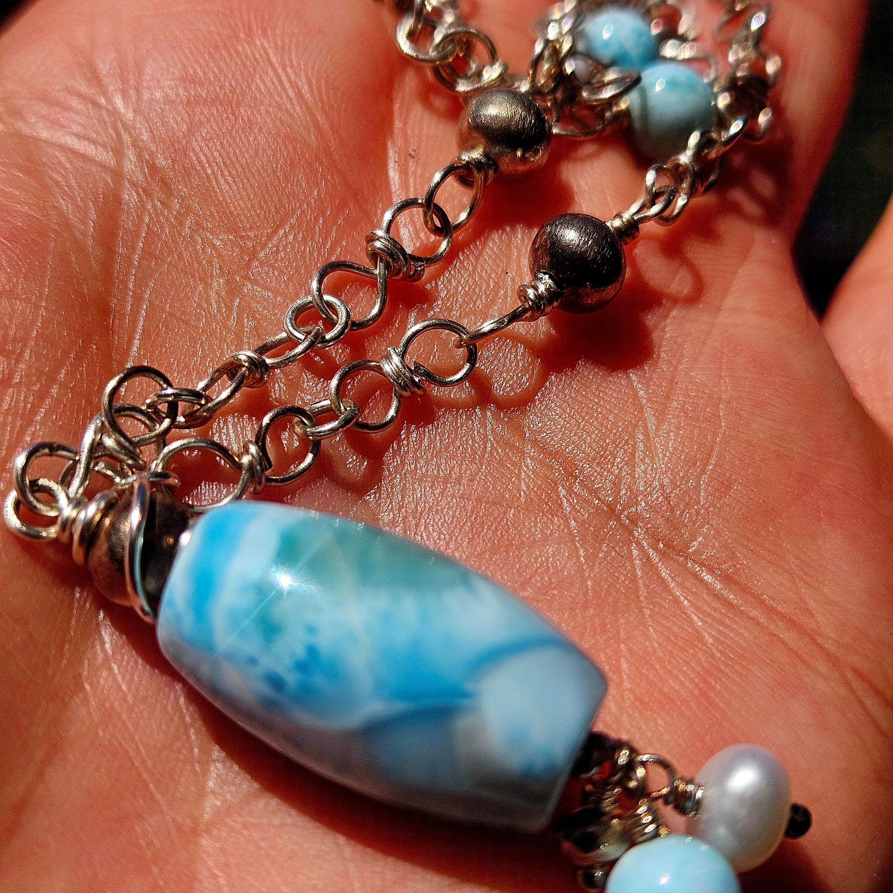 Thai Silver & Larimar Wirework Necklace with Freshwater Pearl