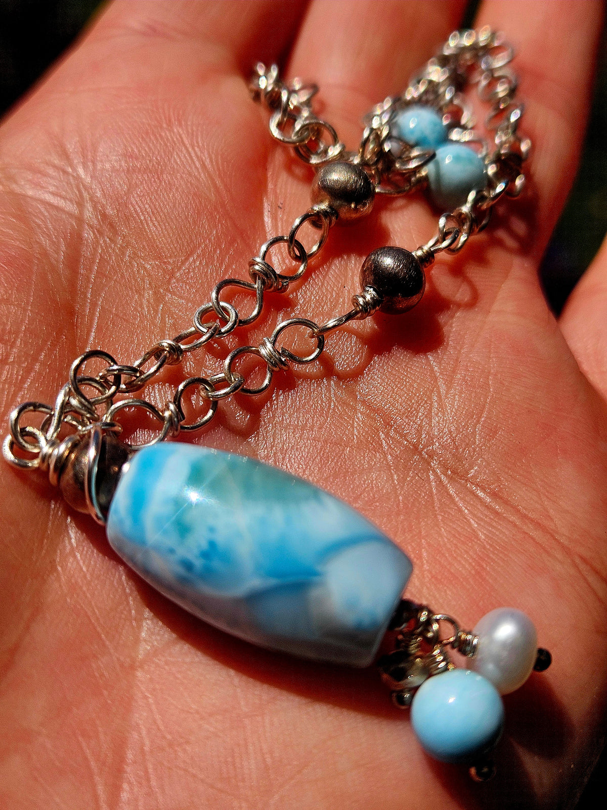 Thai Silver & Larimar Wirework Necklace with Freshwater Pearl