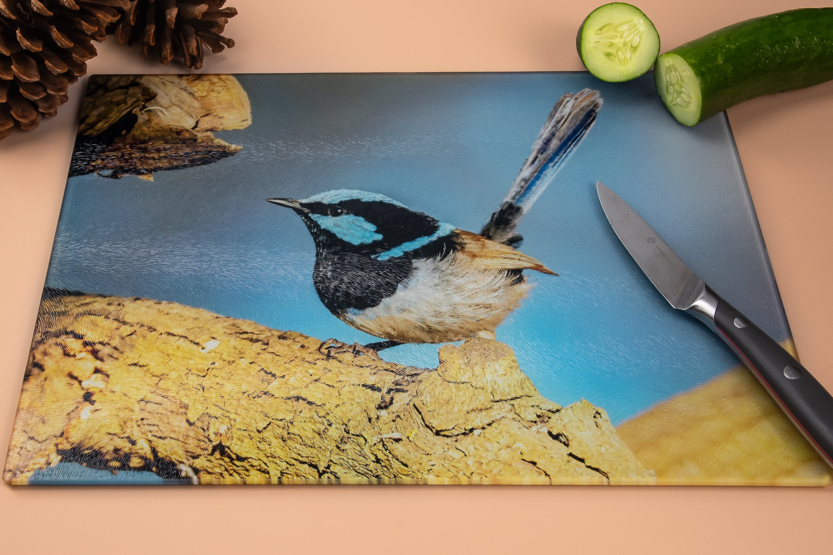 Superb Fairy Wren - Tempered Glass Chopping Board