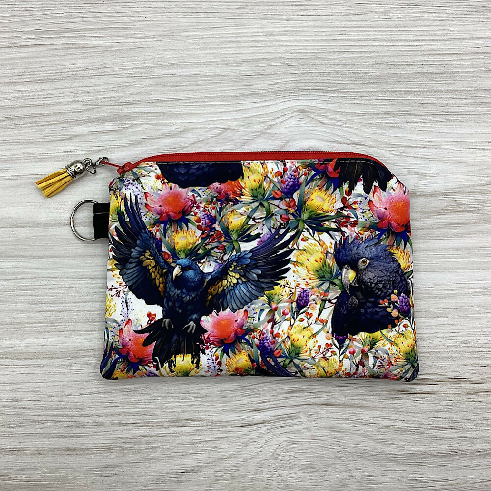 Black Cockatoos Zip Pouch (18cm x 13cm). Fully lined, lightly padded