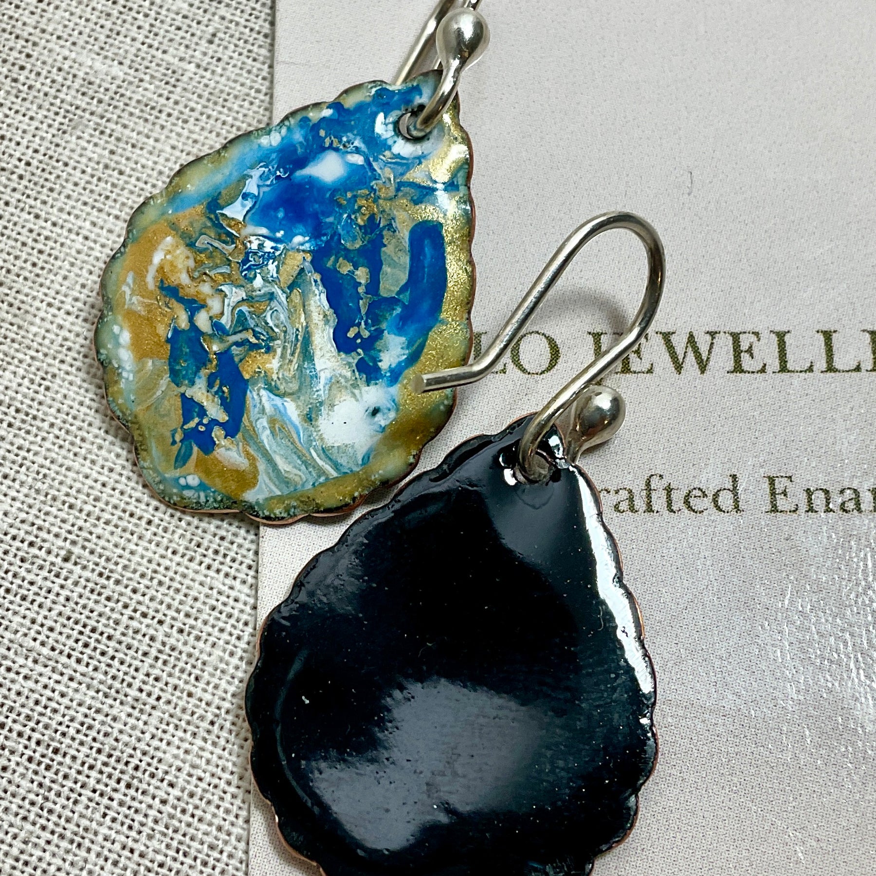 Gold blue and white swirl. Enamel earrings. Handmade