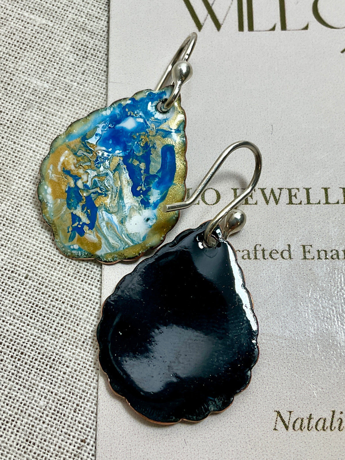 Gold blue and white swirl. Enamel earrings. Handmade