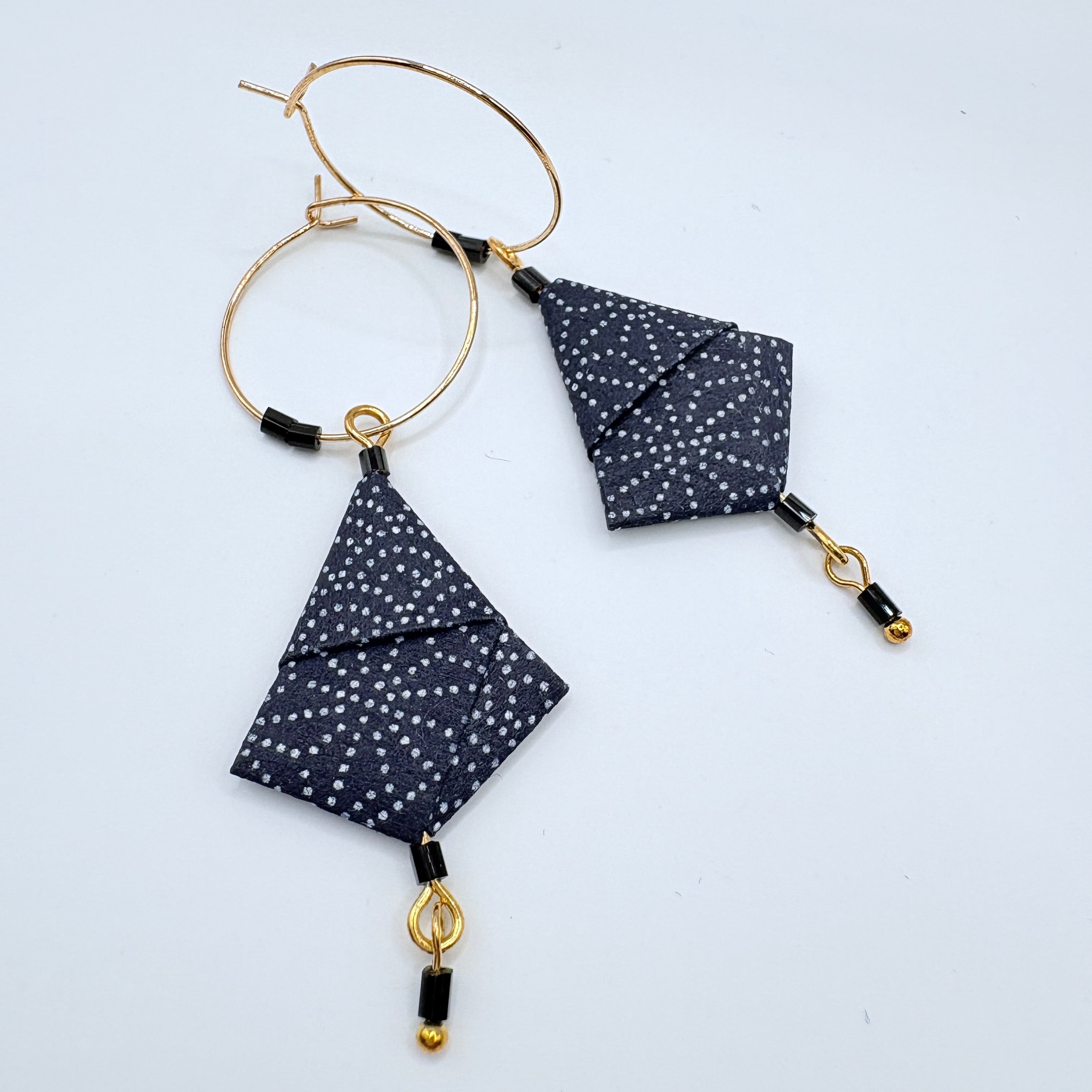 Blue Wagara Origami Earrings – Indigo Japanese Chiyo Paper with traditional geometric patterns