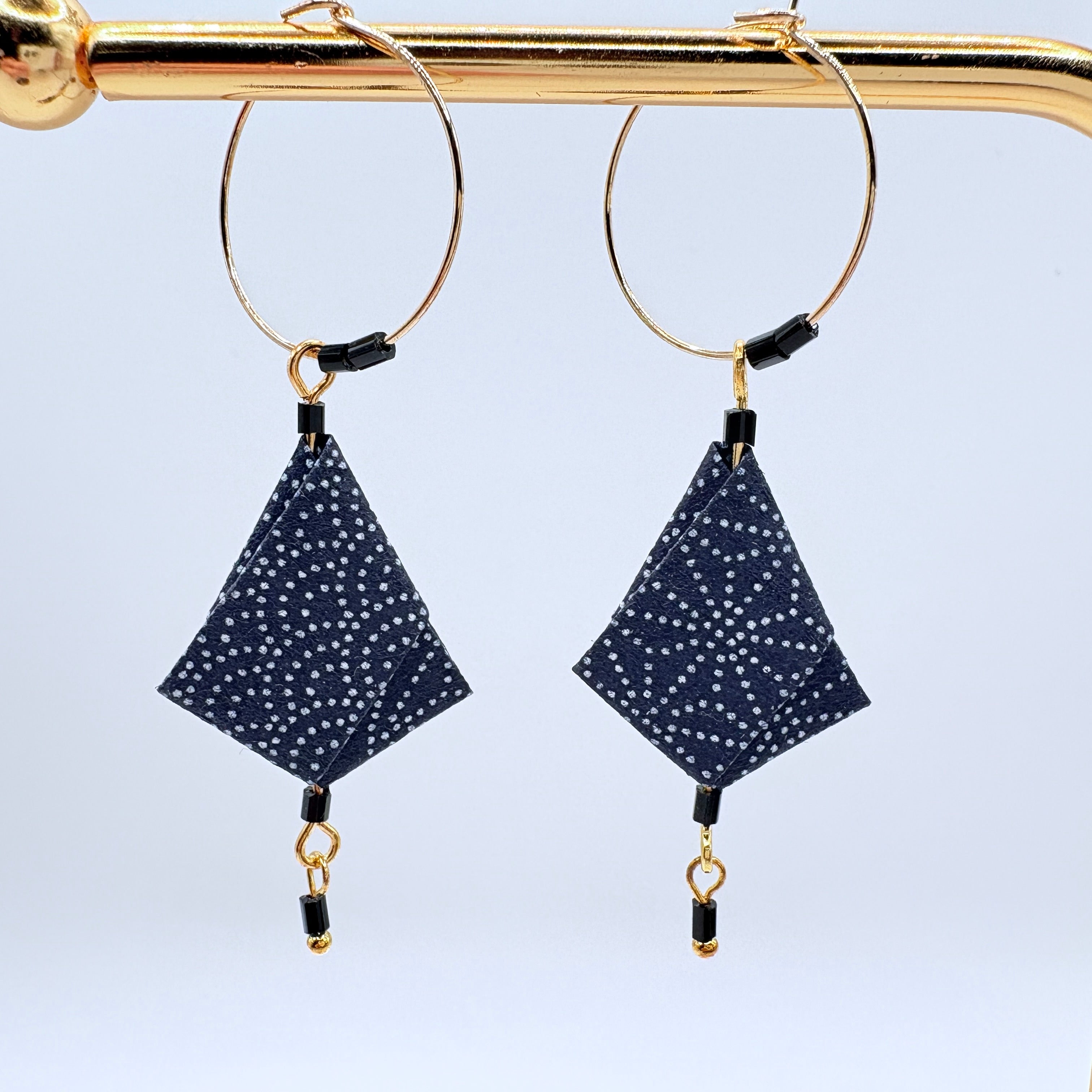 Blue Wagara Origami Earrings – Indigo Japanese Chiyo Paper with traditional geometric patterns