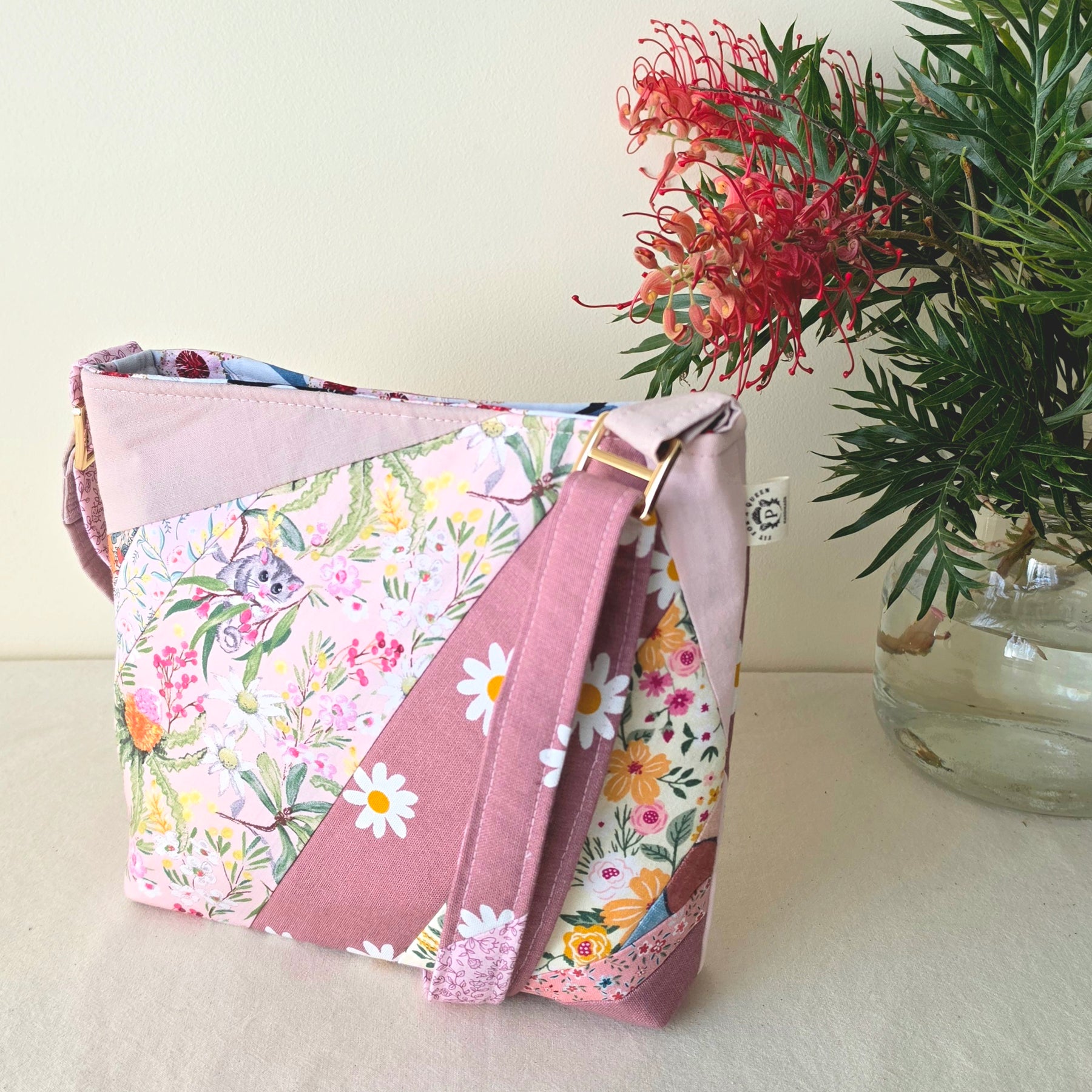 Repurposed Remnants Pink Patchwork Crossbody Bag | Made with fabric scraps