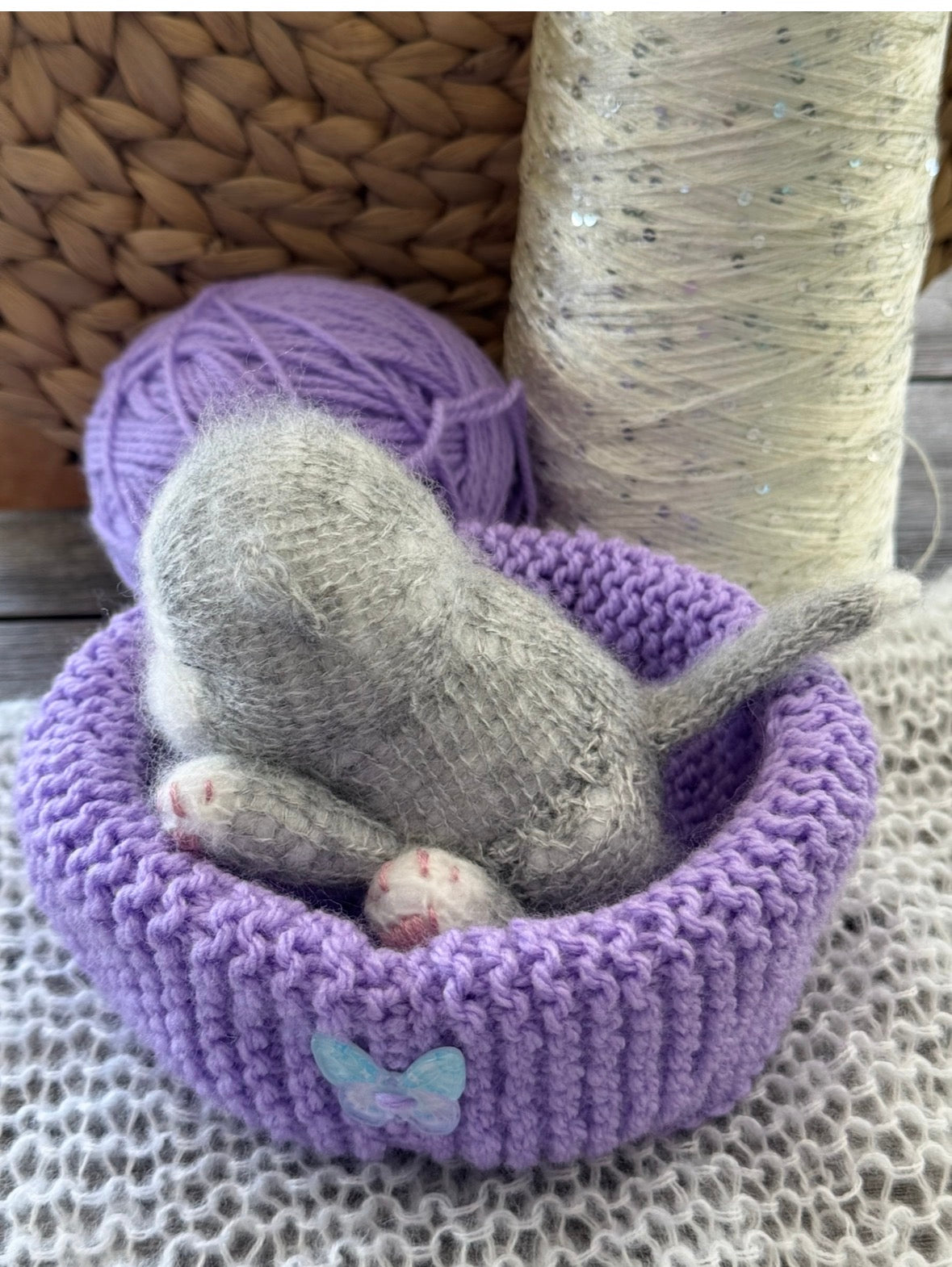 Handmade Grey Sleeping Kitten in a Lavender Bed