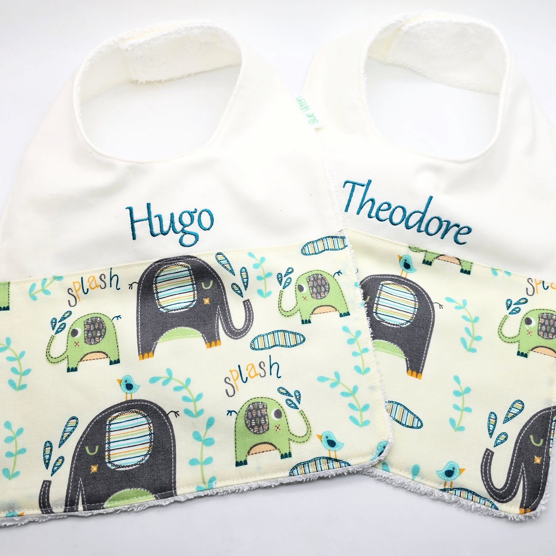 Personalised Baby Bib Elephant Splash Cotton Fabric