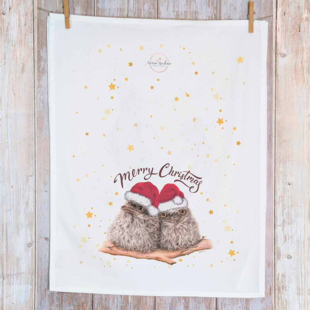Tawny Frogmouth Chicks | Christmas Cotton Tea Towel