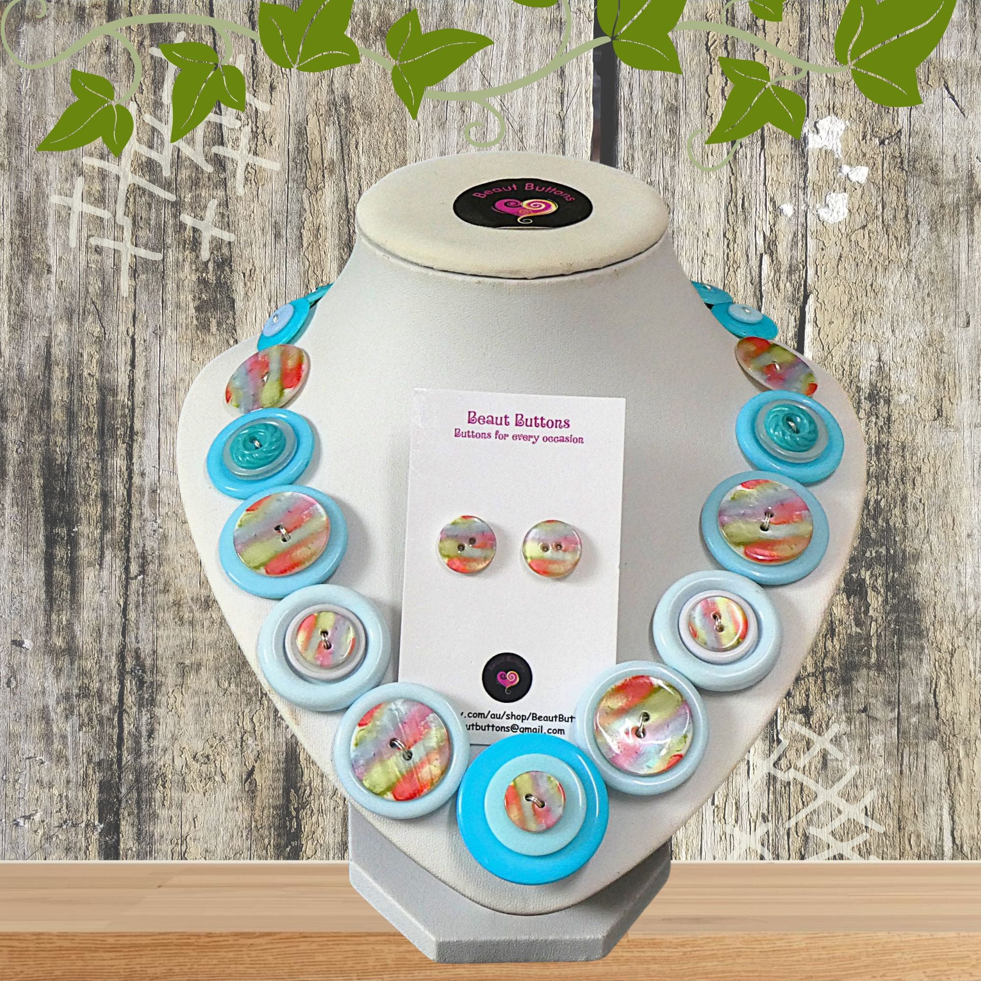 Button necklace and earrings - Pacific Dawn