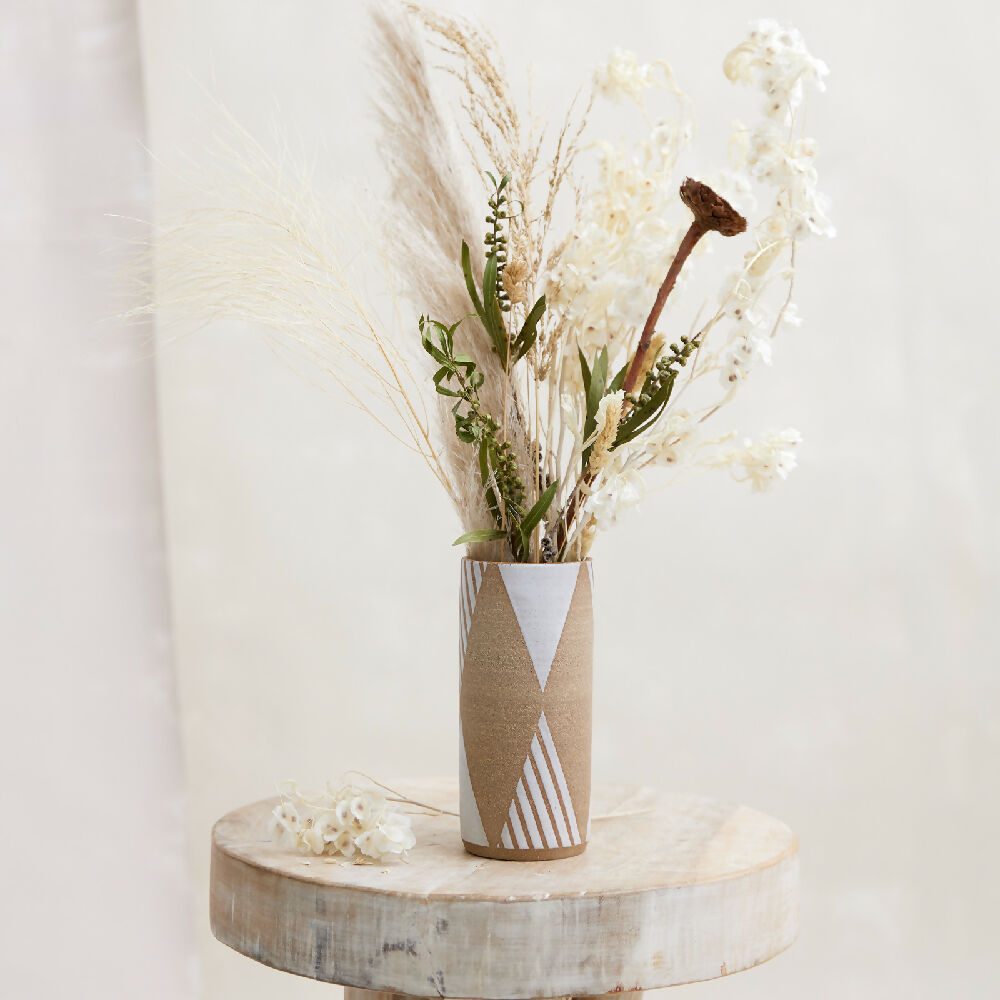 Geometric Handmade Ceramic Cylindrical Vase - Natural and White