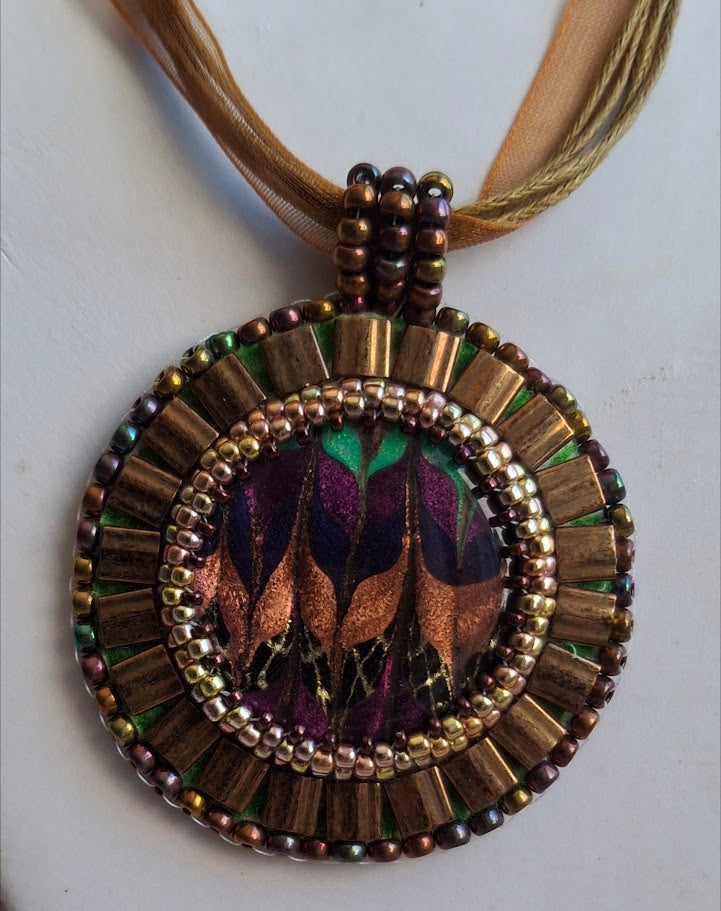 Bead embroidered, alcohol ink pendant