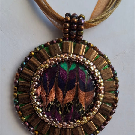 Bead embroidered, alcohol ink pendant