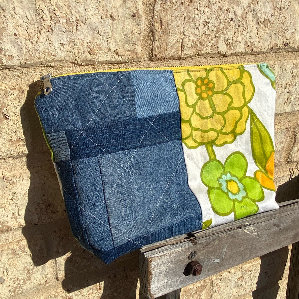 Handmade Pouch Cosmetic Bag Upcycled Vintage Retro Yellow Marigold