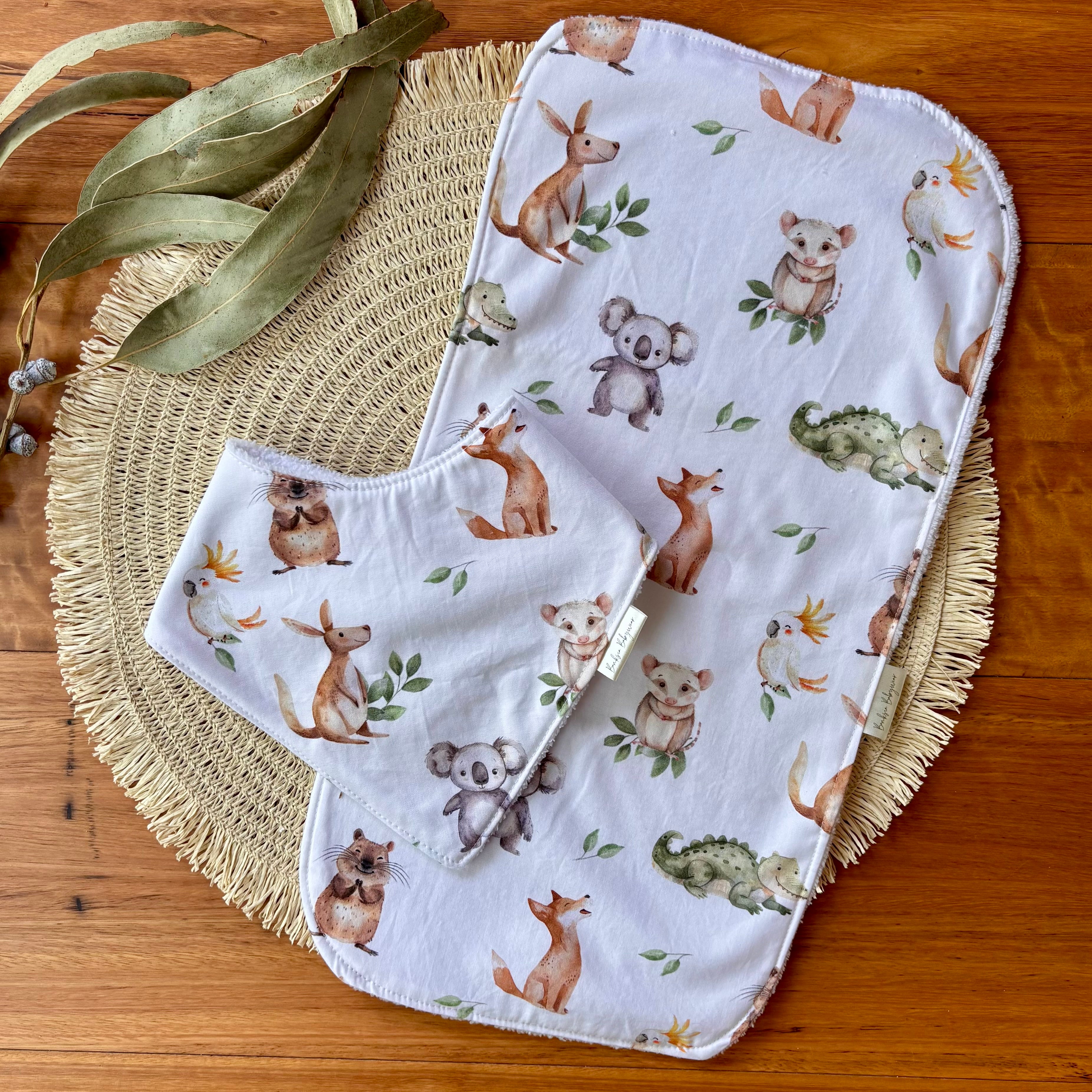 Baby Bib and Burp Cloth Set - Green and White Aussie Animals