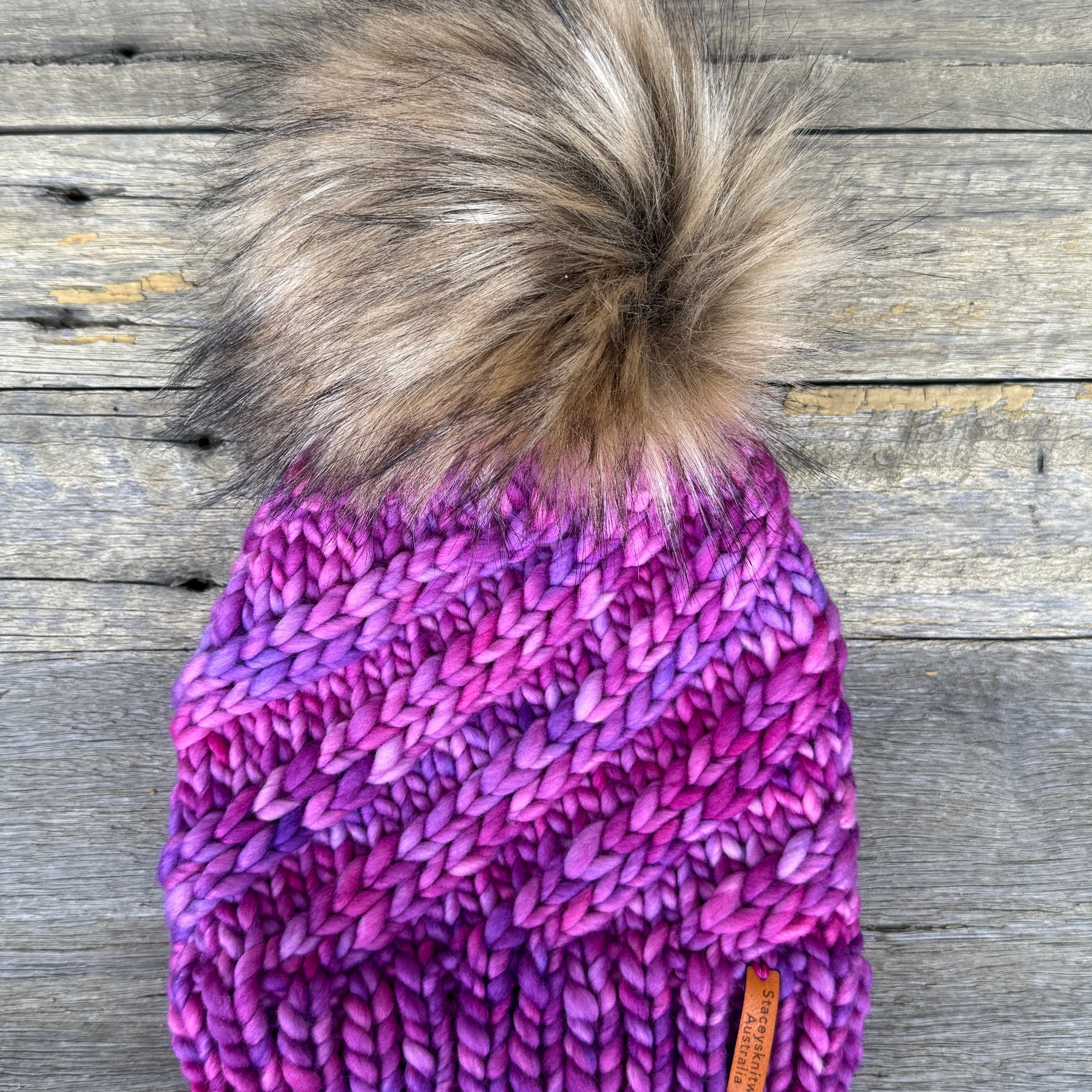 Merino Beanie, Pink Purple PomPom Beanie