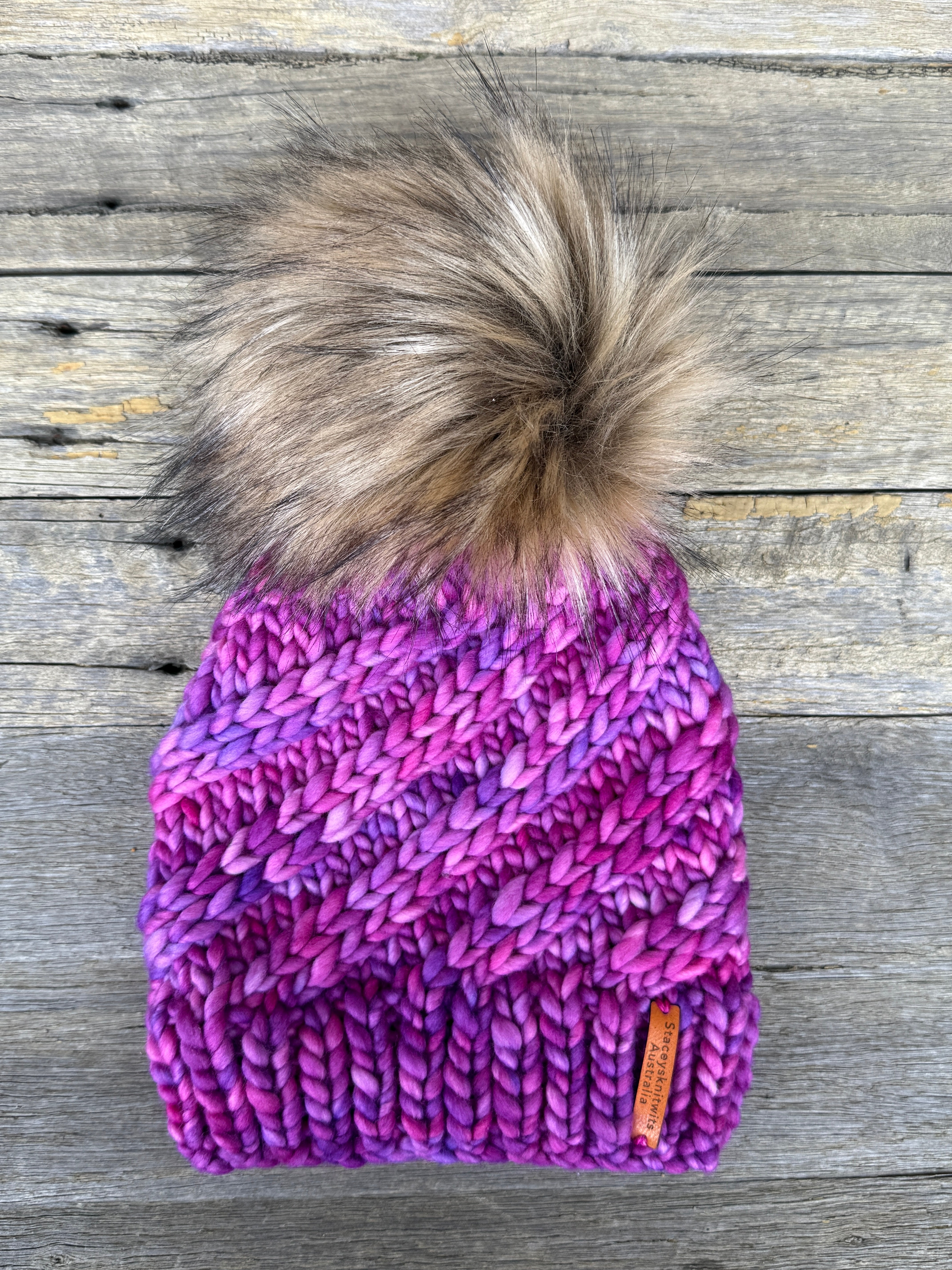 Merino Beanie, Pink Purple PomPom Beanie