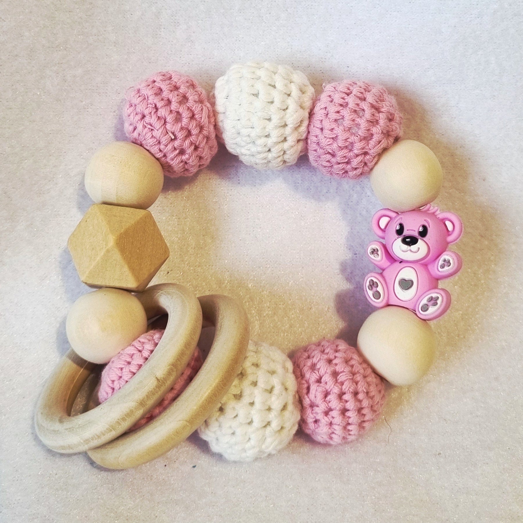 Handmade – Crochet Little Bear with Sensory Ring toy – Pink and White - BB10/2