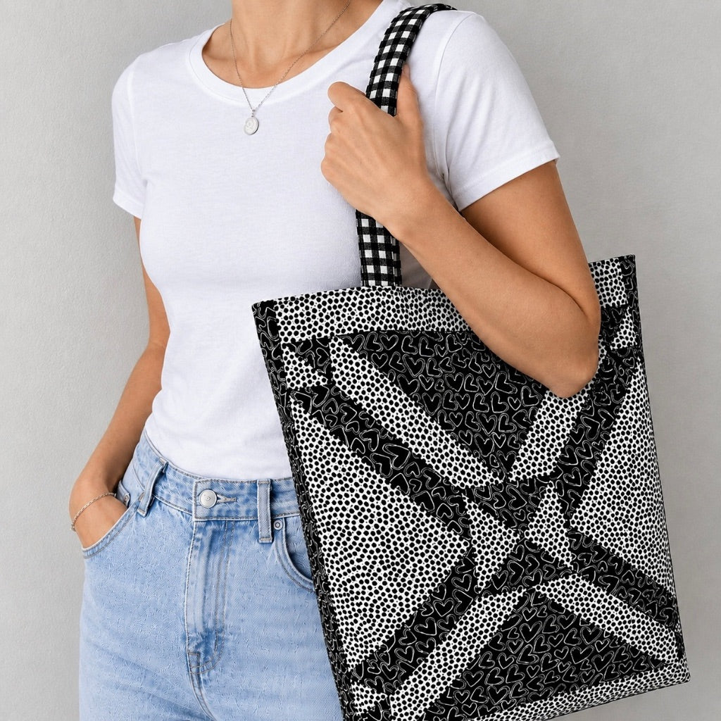 Black and white geometric patchwork tote