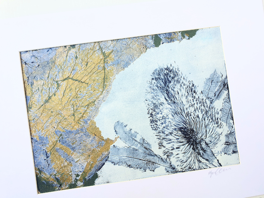 Banksia White and Blue collage | Mixed media monoprint on paper | Original artwork | A4