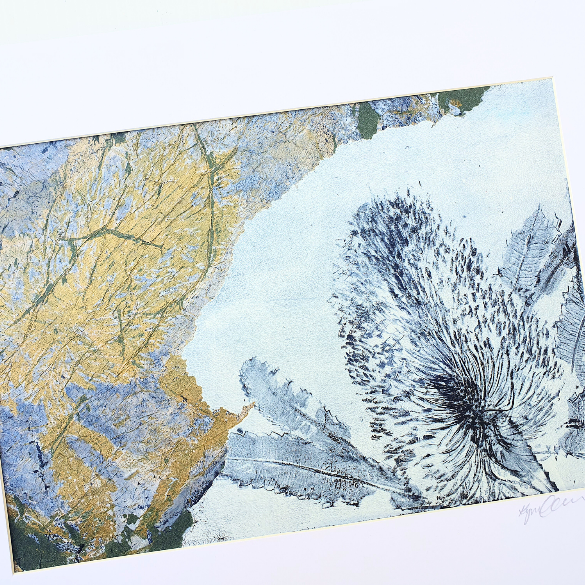 Banksia White and Blue collage | Mixed media monoprint on paper | Original artwork | A4